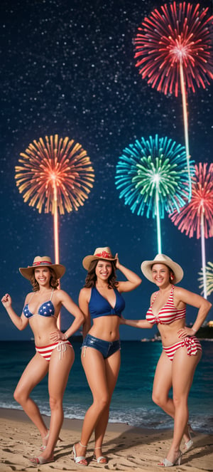 A vibrant tableau captures the essence of American unity and joy. Ten stunning women from diverse ethnic backgrounds come together to celebrate Independence Day. Dressed in red, white, and blue, they embody patriotism with sizzling swimsuits, stars-and-stripes bikinis, and gleaming cowboy hats. Amidst a backdrop of twinkling fireworks, American flags wave proudly as the ladies strike sultry poses, their faces aglow under the starry night sky.