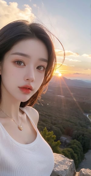 xxmix_girl,a woman takes a fisheye selfie on the top of a mountain at sunset, the wind blowing through her messy hair. The sun behind her, creating a stunning aesthetic and atmosphere with a rating of 1.2.,xxmix girl woman, futanari, close up, fisheye selphie, ,Hayoon,Narin