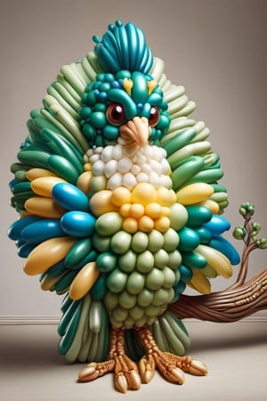 baloonz, chibi mister like a pokemon made out of baloons, Indian peafowl, sitting in a tree, at morning, very cute,balloonz