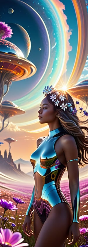 Ultra high definition rendering of a mesmerizing scene: A girl with gleaming chrome flowers woven into her hair stands tall on an otherworldly alien planet. Sunbeams dance across the metallic petals, illuminating intricate details as vibrant hues radiate from the fantasy environment. The expansive alien sky stretches behind her, filled with swirling clouds and a kaleidoscope of colors, transporting the viewer to a dreamlike realm where reality and fantasy blur.