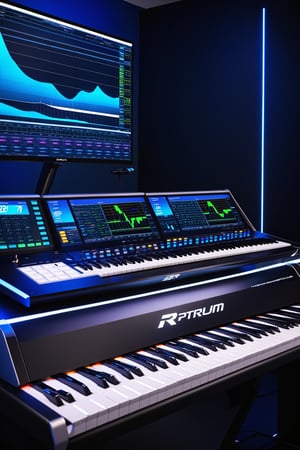 photo r3al, photorealistic, masterpiece, hyper-detailed photography of a 88 keys E-MU EMAX 2023 concept synthesizer, monitor screens to display the plugins and visualize the music, Boeing 787 cockpit style screens distribution and controllers, ultra-realistic piano keyboard, recording studio atmosphere, best quality, 8k UHD, 8k, ultra quality, ultra detailed, LED lights, spectrum analyzers, photo r3al