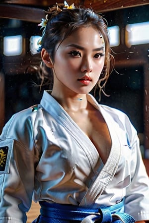 (+18) ,A sexy female judo player ,judo 🥋 uniform,The Judogi is the formal Japanese name for the traditional uniform used for Judo practice and competition ,ultra detailed face, symmetrical eyes, soft face, Long Cleavage, Open front judogi jacket,tired and happy,Side boob ,((view from below, looking upwards))), Full body shot,Far away shot ,Insanely detailed portrait of a Intricate Photography, A Masterpiece, 8k Resolution Artstation, Unreal Engine 5, Cgsociety, Octane Photograph, sharp focus ,,more detail XLRAW photo, 8k uhd, high quality, big lips,m4d4m, hourglass body shape, ,,,