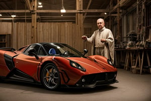 Create a captivating image portraying ((Leonardo da Vinci)) within a contemporary ((Pagani Zonda car)) assembly atelier. Showcase da Vinci as he examines the vehicle and shares his insights with the engineers. Renaissance-style clothing from Leonardo da Vinci's era. This includes a doublet, high-collar shirt, colorful hose, codpiece, cloak, beret with feather, and leather shoes. Ensure historical accuracy and attention to clothing details. Renaissance ambient illuminated by candles. Deliver the image in the style of a movie still, with RAW photo format, full sharpness, and intricate facial details (highly detailed skin: 1.2). Ensure an 8k UHD resolution, shot with a DSLR and featuring soft lighting for a high-quality appearance. Incorporate a subtle film grain effect reminiscent of Fuji-film XT3s cameras,mature