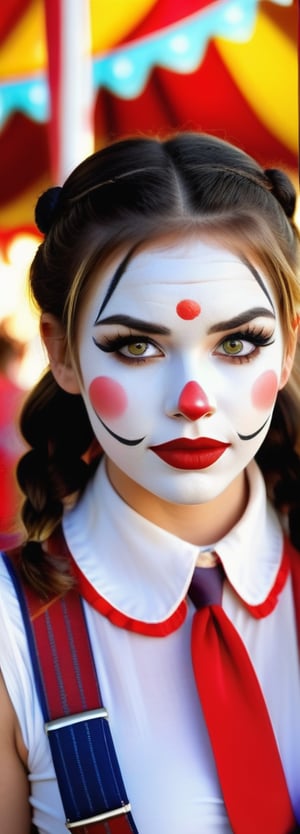 A whimsical and playful scene unfolds as a petite, young woman with perfect eyes and pigtails adorns white face paint, a red nose, and bold red lipstick. Her tight shirt and suspenders add to her charm as she stands from the side, under the big top at the circus. Her ripped shirt hints at the excitement beneath, as her huge breasts (1.5) seem to be bouncing out of control, with her hands holding them down in a playful attempt to contain the overflowing cleavage. A shocked facial expression and a look downward complete this delightful, cartoon-inspired image.