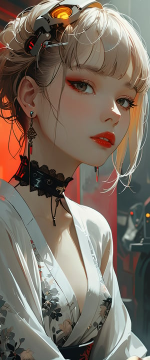 A femme fatale cyborg, mechanical parts, ((mechanical joints, mechanical)) sits solo in a smoky cyberpunk club, (((petting))) a white chihuahua as it gazes directly at the viewer. Her short hair and bangs frame her striking features, adorned with jewelry and a black choker. She dons a revealing seethrough kimono, paired with Japanese-style earrings. A cigarette dangles from her lips as she exudes an air of sexy sophistication, surrounded by the dark, gritty atmosphere of Conrad Roset's style. txznmec,score_9,ct-virtual, ct-goeuun