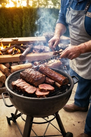 Create a richly detailed and atmospheric illustration that captures the essence of a Southern BBQ smoker in action. The scene should highlight the traditional smoker setup, the process of preparing and smoking meats, and the smoky, savory ambiance of Southern BBQ. Set the scene in a rustic outdoor setting, such as a backyard or a classic BBQ pit area, surrounded by elements that evoke the heart of Southern BBQ culture:

1. **Setting Up the Smoker:** Begin with a scene of the BBQ smoker setup. Show a large, traditional smoker or BBQ pit made from steel or brick, with a firebox on the side. The smoker should be well-seasoned, with a patina that reflects years of use. Include stacks of split wood logs, such as hickory, oak, or mesquite, ready to be used for smoking. The background should feature a rustic outdoor area, possibly with a wooden fence, a few trees, and a shed or barn nearby.

2. **Igniting the Fire:** Illustrate the process of starting the fire in the smoker’s firebox. Show a cook or pitmaster lighting the wood or charcoal, with flames beginning to catch and smoke starting to rise. Capture the glow of the fire, the initial bursts of smoke, and the tools used to manage the fire, like a poker or tongs.

3. **Preparing the Meats:** Depict a table next to the smoker where various cuts of meat are being prepared for smoking. Show a selection of meats typical of Southern BBQ, such as brisket, pork shoulders, ribs, and sausages. Highlight the process of seasoning the meats with dry rubs or marinades, emphasizing the rich, textured surface of the spice blends being applied. Include bowls of spices, jars of rubs, and brushes for basting.

4. **Loading the Smoker:** Visualize the cook placing the seasoned meats into the smoker. Show the smoker's lid or doors open, revealing the grill racks or hooks inside where the meats are being arranged. Capture the process of carefully positioning the meats for even smoking, with a focus on the brisket or ribs. Include the gentle smoke wafting out as the lid is opened and closed.

5. **Smoking and Tending the Fire:** Illustrate the smoker in action, with thick, aromatic smoke billowing out from the vents or chimney. Show the cook monitoring the temperature using a gauge on the smoker or an external thermometer. Highlight the tools used to manage the fire and smoke flow, such as dampers and vents. Include a close-up of the firebox, with logs burning steadily and embers glowing.

6. **Basting and Turning:** Depict the process of basting and turning the meats during smoking. Show the cook opening the smoker to apply a mop sauce or glaze, using a brush or mop to coat the meats, creating a glossy, caramelized surface. Emphasize the rich, golden-brown crust forming on the meats and the aroma of the basting sauce mixing with the smoke.

7. **Resting and Carving:** Transition to a scene of the cooked meats being removed from the smoker and allowed to rest. Show the meats resting on a wooden board, juices settling, and the crust developed to perfection. Next, illustrate the cook slicing into the brisket or pulling apart the pork shoulder, revealing the tender, juicy interior and the distinctive smoke ring.

8. **Atmosphere and Surroundings:** Conclude with a backdrop that reflects the Southern BBQ atmosphere. Include details like wooden picnic tables set up nearby, guests enjoying the smoky aroma, and rustic decorations like string lights or metal signs. Capture the warm, inviting feel of the scene, with the sun setting or a cool breeze blowing, enhancing the communal and festive spirit of the BBQ.

Use warm, earthy tones and detailed textures to bring each stage to life, from the flickering fire and smoky meats to the rustic charm of the setting. Each stage should be clearly labeled to guide the viewer through the traditional process of using a Southern BBQ smoker.
This prompt should vividly capture the detailed, smoky, and atmospheric experience of preparing meats in a Southern BBQ smoker, highlighting the meticulous steps and the rich cultural context.