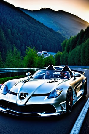 Photo r3al, photo-realistic, masterpiece, hyper-detailed photography, Mercedes McLaren SLR Stirling Moss, in Nürburgring, Michael Schumacher is posing next to it, Fuji-film XT3s cameras, Use soft lighting and an 8k UHD resolution shot with a DSLR, frank grillo, Movie Still