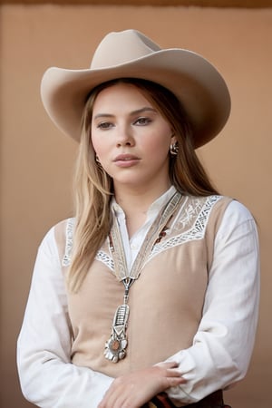Detailed portrait of Beautiful Argentina traditional gaucho girl shot, intricately detailed silver alpaca accesories, brown hat, full body, long brown hair, on Hasselblad 501c three point lighting Sci-Fi atmosphere, MadeClinev001, scarlett johansson, OHWX