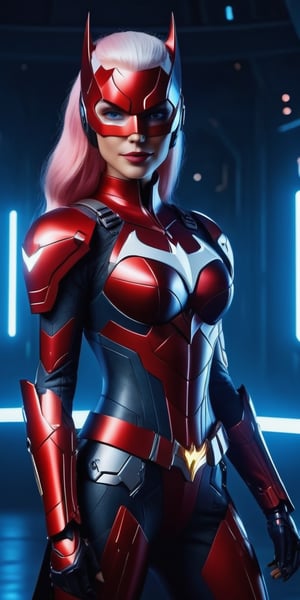 A futuristic cyberpunk scene: a stunning beauty, dressed in a radiant red Batgirl-inspired mecha suit with a sleek design and sparkling details, stands confidently with her sword held high. Her pure white-pink hair flows like flames as she gazes directly at the viewer with an alluring smile. Her blue eyes sparkle under the perfect lighting, highlighting her cute and elegant features. She wears futuristic AI VR glasses, adding to her cyberpunk allure. The overall image is a breathtaking 8K masterpiece, showcasing her beauty and strength in high resolution.