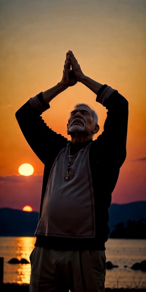 A old chamán is praying with his arms extended towards the sunrise, a new year has come bringing hope, love, and new dreams 