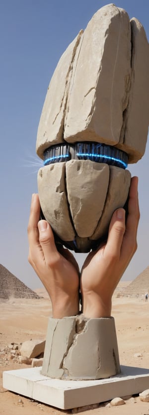 A soundwave machine attached to the hands of an Egyptian architect, moving a giant rock