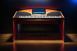 photorealistic, wide angle, masterpiece, hyperdetailed photography of a 88 keys E-MU EMAX 2023 concept synthesizer with 1 dome type glass monitor screen that proyects parameters like a cockpit HUD to see the plugins and visualize the music, the proyect should fold itseft and become its ouwn carrying box, the piano has also a UHD proyector to see the mixing parameters on a background wall, show a proyection in the style of fruity loops software combine with KORG software, ultrarealistic piano keyboard, recording studio atmosphere,best quality, 8k UHD, 8k, ultra quality, ultra detailed, LED lights,photo r3al