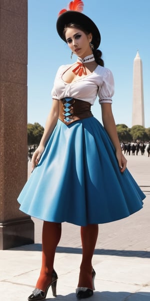 Create an image featuring a woman embodying the essence of Argentina. The woman should represent a random race, with a skin color and eye color that captures the diversity found within the Argentine population. Dressed in traditional Argentine attire with a modern twist, her clothing should blend elements of indigenous, Spanish, or European influence with contemporary fashion, reflecting the country's rich cultural heritage. The outfit should be stylish and sophisticated, showcasing the fusion of tradition and modernity. The background should depict a scene representative of Argentina, such as the bustling streets of Buenos Aires, the vast plains of the Pampas, or the majestic Andes mountains. The background should be vibrant and full of details that capture the spirit of Argentine life, whether it's the tango dance halls, gaucho culture, or iconic landmarks like the Obelisco.