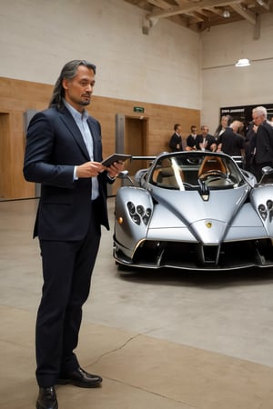 Create an engaging image of Leonardo da Vinci in Renaissance attire at a modern Pagani Zonda car assembly. Show him inspecting the vehicle,  and takin notes. Produce a movie still-style image in RAW format with full sharpness, detailed facial features (skin: 1.2), and a subtle film grain effect, resembling Fuji-film XT3s cameras. Ensure a high-quality 8k UHD resolution, taken with a DSLR in soft lighting