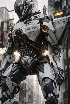 Create an ultra-realistic image of a mecha robot using white and light blue color scheme, armed with a sword, standing alone against a grey backdrop. The robot has mechanical wings and holds a glowing energy sword, possibly dual-wielding or equipped with a beam saber. It features a V-fin design, capturing a science fiction aesthetic. The image should utilize advanced techniques such as reflection mapping, realistic figure rendering, and hyper-detailed textures. Employ cinematic lighting with HDR, ray tracing, and Nvidia RTX for exceptional visual fidelity. Use Unreal Engine 5 for subsurface scattering, PBR texturing, and detailed post-processing. Include anisotropic filtering, a well-defined depth of field, and ensure maximum clarity and sharpness for a hyper-realistic finish. Adjust aspect ratio to 51:64 and apply the raw style of Niji 6. Use Argentina flag colors