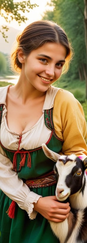 A serene rural Bulgarian scene unfolds as a young woman, clad in traditional peasant attire and radiating a warm smile, leads her flock of goats along the riverbank at dawn. The soft golden light of early morning casts a gentle glow on the lush green surroundings, accentuating the rustic beauty of the landscape.