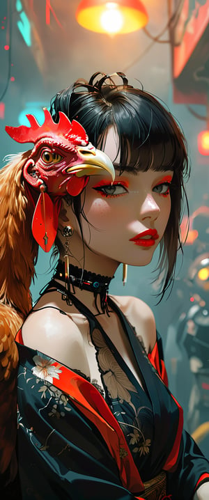 A femme fatale cyborg, mechanical parts, ((mechanical joints, mechanical)) sits solo in a smoky cyberpunk club, (((petting))) a rooster as it gazes directly at the viewer. Her short hair and bangs frame her striking features, adorned with jewelry and a black choker. She dons a revealing seethrough kimono, paired with Japanese-style earrings. A cigarette dangles from her lips as she exudes an air of sexy sophistication, surrounded by the dark, gritty atmosphere of Conrad Roset's style. txznmec,score_9,ct-virtual, ct-goeuun