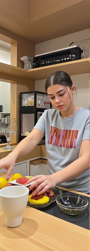 she is wearing her boyfriend's shirt early in the morning while preparing breakfast 