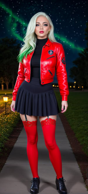 hyper realistic image of a woman with grey eyes stands against a backdrop dominated by vibrant green nature hues. The sparkly background sets off her long, flowing white hair as it cascades down her back, complemented by a flowing black skirt and red thigh-high stockings. She wears a sleek brown jacket over her form-fitting attire, with black footwear adding a touch of elegance. Capture her full body profile as she stands outdoors, the night enveloping her in a mysterious allure. The garter straps peeking out from beneath her skirt add a hint of playful seduction.