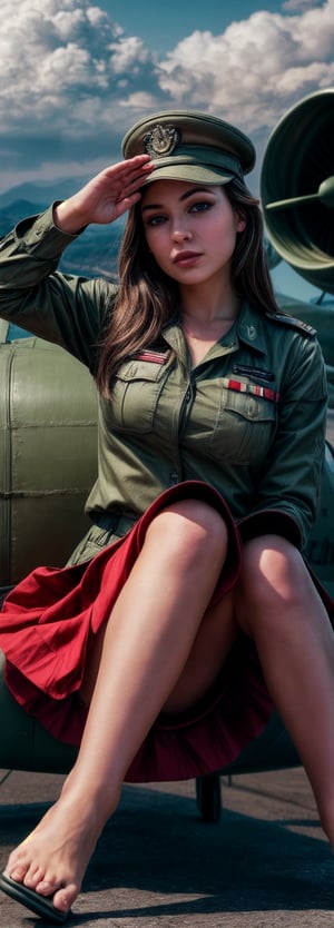 exquisite facial features,prefect face,masterpiece,best quality,official art, extremely detailed CG unity 8k wallpaper,1girl, solo, skirt, brown hair, hat, sitting, sky, barefoot, cloud, uniform, english text, military, cover, aircraft, salute, airplane, vehicle focus, sailor, propeller, pilot