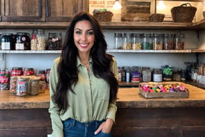  fairytale, 29 year old, straight long black hair, huge tits, extremely cute Mexican woman, (((behind the counter of a little town rustic store))), background of shelves full of food cans,( (two glass shelves one on each side of her,  on top of the counter filled with candies)), she wears a long sleeve green Abercrombie shirt and jeans, she leans towards the counter letting the observer see her nice tits, low intensity lights on the store
