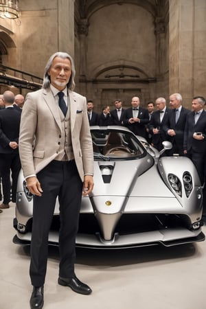 Make a picture of Leonardo da Vinci in Renaissance clothing at a modern Pagani Zonda car assembly. Show him checking the car and talking to the engineers. Create a movie still-style image in high quality with detailed facial features (skin: 1.2) and a subtle film grain effect, like Fuji-film XT3s cameras. Use soft lighting and an 8k UHD resolution shot with a DSLR