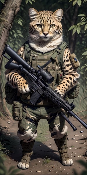 An animal military sniper team with a cheetah as the shooter and a Lion as the spooter, hunting in the african sabana, blending camouflage with the surroundings, comic style, funny, cartoonish,Animal,up body