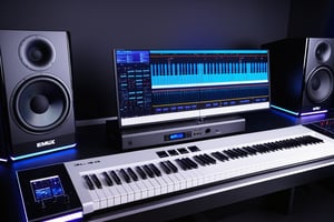 photo r3al, photorealistic, masterpiece, hyperdetailed photography of a 88 keys E-MU EMAX 2023 concept synthesizer, 3 monitors screens to display the plugins and visualize the music, ultrarealistic piano keyboard, recording studio atmosphere,best quality, 8k UHD, 8k, ultra quality, ultra detailed, LED lights,photo r3al