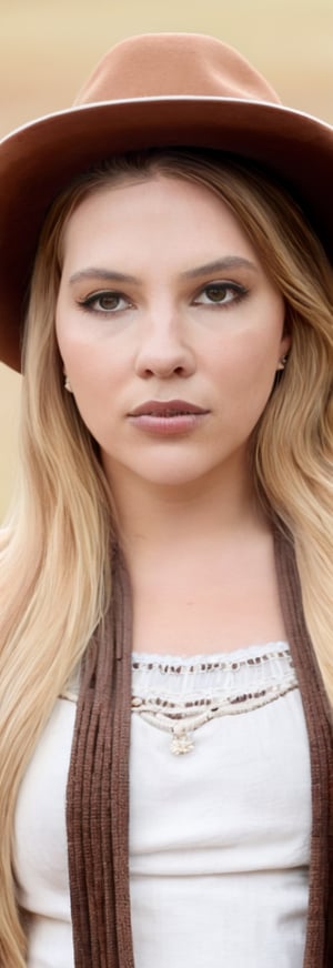 Detailed portrait of Beautiful Argentina traditional gaucho girl shot, intricately detailed alpaca accesories, brown hat, full body, long brown hair, on Hasselblad 501c three point lighting Sci-Fi atmosphere, MadeClinev001, scarlett johansson, OHWX