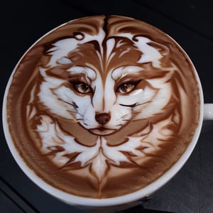 Highly detailed, High Quality, Masterpiece, beautiful, coffee, latte, LatteArt, latte art, food art, , 1girl, YaeMikoFox, no humans, ,YaeMikoFox,MUF