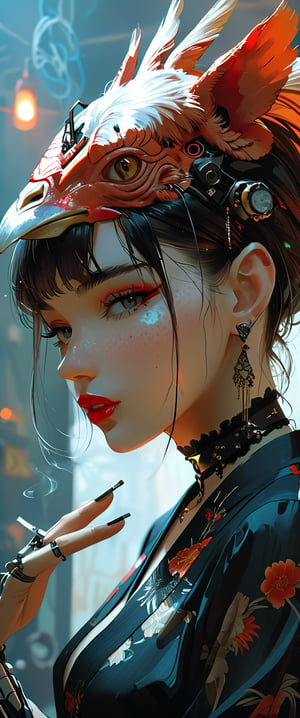 A femme fatale cyborg, mechanical parts, ((mechanical joints, mechanical)) sits solo in a smoky cyberpunk club, petting a rooster as it gazes directly at the viewer. Her short hair and bangs frame her striking features, adorned with jewelry and a black choker. She dons a revealing seethrough kimono, paired with Japanese-style earrings. A cigarette dangles from her lips as she exudes an air of sexy sophistication, surrounded by the dark, gritty atmosphere of Conrad Roset's style. txznmec,score_9,ct-virtual, ct-goeuun