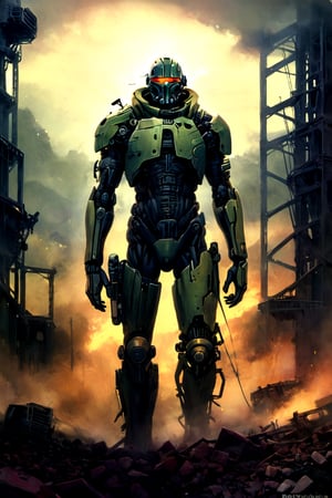 Create an image featuring a Vault 137 soldier donning an advanced thermal military suit tailored for survival in the harsh post-apocalyptic world of Fallout 5. The design of the suit should reflect the iconic aesthetic of the Fallout series, with a mix of retro-futuristic elements and rugged functionality.

The soldier, standing amidst the ruins of a dilapidated wasteland, wears the Vault 137 thermal suit adorned with hexagonal panels, reminiscent of Vault-Tec's signature design. The colors should evoke the worn and weathered look characteristic of Fallout's visual style, with tones of olive green, rusty red, and dull yellow.

The hexagonal panels of the suit should have a metallic finish, showing signs of wear and tear from years of use in the unforgiving wasteland. Embedded within the suit are advanced technological components, such as integrated sensors and a capillarity system for water recycling, giving it a distinct futuristic edge.

The soldier's stance should exude confidence and readiness for action, with weapons and gear typical of the Fallout universe at their side. Behind the soldier, the remnants of a Vault 137 entrance or a desolate wasteland landscape should set the scene, reinforcing the post-apocalyptic atmosphere.

Overall, the image should capture the essence of survival and resilience in the Fallout universe, portraying the Vault 137 thermal suit as a crucial tool for navigating the dangers of the wasteland in Fallout 5.,digital artwork by Beksinski