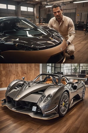 Create a captivating image portraying ((Leonardo da Vinci)) within a contemporary Pagani Zonda car assembly atelier. Showcase da Vinci as he examines the vehicle and shares his insights with the engineers. Capture the blend of Renaissance brilliance and state-of-the-art automotive technology in this imagined historical moment. Deliver the image in the style of a movie still, with RAW photo format, full sharpness, and intricate facial details (highly detailed skin: 1.2). Ensure an 8k UHD resolution, shot with a DSLR and featuring soft lighting for a high-quality appearance. Incorporate a subtle film grain effect reminiscent of Fuji-film XT3s cameras