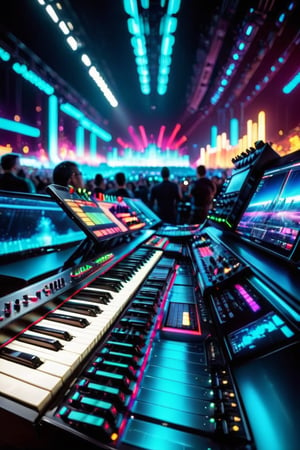 (masterpiece:1.2) (photorealistic:1.2) (bokeh) (best quality) (intricate details) (8k) (HDR) (cinematic lighting) (sharp focus) incredible dreamscape (impossible:1.2) Futuristic Korg Synthesizer, 88 key keyboard, 2 touchscreens, many knobs, 
,UraniumTech,((( A band like Depeche Mode with Tesla Robots giving a concert at the Allegiance Arena in Las Vegas)))