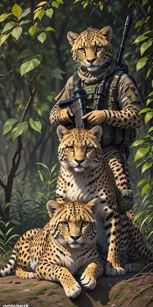 An army sniper duo with a cheetah as the shooter and a Lion as the spotter, hunting in the african sabana, blending camouflage with the surroundings, observing and waiting for their prey, comic style, funny, cartoonish,Animal,Realistic,Style