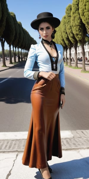 Create an image featuring a woman embodying the essence of Argentina. The woman should represent a random race, with a skin color and eye color that captures the diversity found within the Argentine population. Dressed in traditional Argentine attire with a modern twist, her clothing should blend elements of indigenous, Spanish, or European influence with contemporary fashion, reflecting the country's rich cultural heritage. The outfit should be stylish and sophisticated, showcasing the fusion of tradition and modernity. The background should depict a scene representative of Argentina, such as the bustling streets of Buenos Aires, the vast plains of the Pampas, or the majestic Andes mountains. The background should be vibrant and full of details that capture the spirit of Argentine life, whether it's the tango dance halls, gaucho culture, or iconic landmarks like the Obelisco.