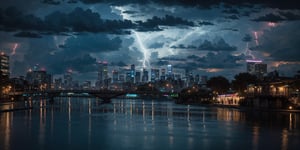 cyberpunk city, neon lights, buildings, scenery, cityscape, river, pedestrians, outdoor bars. Night scene, ultra realistic, highly detailed,black clouds,city silhouette,There is a lot of lightning everywhere in the city,10 lightning bolts,heavy rain