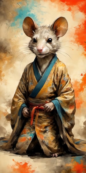 full-body psychedelic picture .Generate hyper realistic image of an ancient scroll featuring an ink wash painting of an animorphic old wide brown street Rat dressed in a Japanese kimono, surrounded by traditional brushstroke elements, creating an evocative piece reminiscent of classical Asian art, Movie Poster,Movie Poster, sharp focus, intense colors, vibrant colors, chromatic aberration,MoviePosterAF, UHD, 8K,oil paint,painting