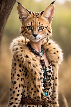  personified serval cat girl, embodying the grace, curiosity, and independence of her feline counterpart. With soft, spotted fur and expressive eyes, she captivates with her playful charm and alertness. Adorned in a whimsical ensemble inspired by the African savannah, she exudes a blend of wild beauty and human-like personality,catgirl