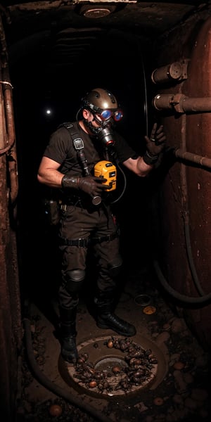 An inspector drone at Los Angeles Sewer line, using a Self Contained breathing apparatus, harnessed, hard hard, googles, gloves,  radio to communicate, flashlights, descending trough a sewer manhole using a harness line attached to a tripod into a giant vault, humid, water vapor, mold, dim lights, (((rats, cockroaches, feces)))