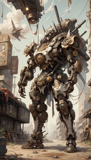 Illustration of a steampunk explorer in a post apocalyptic setting, surrounded by machine parts, mechanical UI, and post apocalyptic landscapes, Surreal steampunk Art Style, Influenced by Deviantart and Ghost in the Shell anime,Render 
