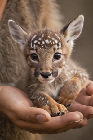 A tiny cub, mythical hybrid with a (((deer's head))) and a jaguar's majestic physique (((lies curled in the palm of my hand))), its fur shimmering in warm morning light. Soft rays cast a golden glow on the creature's curious face as it stretches out a paw, exploring this mystical realm. ,photo r3al