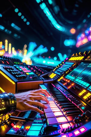 (masterpiece:1.2) (photorealistic:1.2) (bokeh) (best quality) (intricate details) (8k) (HDR) (cinematic lighting) (sharp focus) incredible dreamscape (impossible:1.2) Futuristic Korg Synthesizer, 88 key keyboard, 2 touchscreens, many knobs, 
,UraniumTech, a band like Fepeche mode giving a concert at the Allegiance Arena in Las Vegas