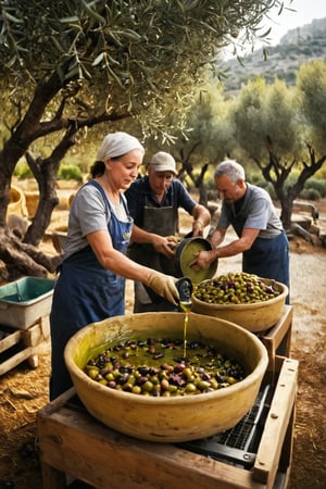 Certainly! Here’s a detailed prompt for creating an image that illustrates the traditional process of making olive oil:

---

"Create a detailed and picturesque illustration that captures the traditional process of making olive oil. The scene should progress from left to right, set against the backdrop of a sun-drenched Mediterranean landscape with olive groves and a rustic olive mill:

1. **Harvesting:** Begin with a serene scene in a lush olive grove. Show workers hand-picking ripe olives from ancient, gnarled olive trees. Some workers are using small ladders or hand-held rakes, while others are collecting olives that have fallen onto large nets spread beneath the trees. The background should feature rolling hills and perhaps a glimpse of the sea.

2. **Transporting and Cleaning:** Illustrate the olives being transported in baskets or wooden crates to a nearby olive mill. Show a worker pouring olives into a cleaning machine where they are washed and sorted to remove leaves, stems, and debris. Capture the fresh, green appearance of the clean olives.

3. **Crushing:** Depict the olives being crushed in a traditional stone mill. Show large, circular millstones rotating to crush the olives into a paste. Highlight the texture of the crushed olives and the rich, deep green color of the emerging paste.

4. **Pressing:** Visualize the olive paste being spread onto mats or pressing discs, stacked, and then pressed to extract the liquid. Show an old-fashioned hydraulic or wooden press applying pressure to squeeze out the olive oil and water mixture. The liquid should flow into a container, with the golden oil beginning to separate from the water.

5. **Separating:** Illustrate the separation process, where the mixture is allowed to settle, or it is centrifuged to separate the oil from the water. Show a clear container where the pure olive oil rises to the top, leaving the water and sediment below.

6. **Filtering and Bottling:** Transition to a scene where the freshly extracted olive oil is being filtered to remove any remaining impurities. Portray the oil being poured into glass bottles, ready for storage. Include workers carefully labeling and sealing the bottles, emphasizing the clarity and golden hue of the oil.

7. **Tasting and Enjoying:** Conclude with a vibrant Mediterranean table setting where the final product is being tasted and enjoyed. Show small bowls of olive oil for tasting, surrounded by fresh bread, herbs, and ripe tomatoes. Capture the warmth of the sun and the inviting ambiance of a traditional olive farm.

Use warm, golden lighting to evoke the Mediterranean sun and detailed textures to highlight the olives, the stone mill, and the clarity of the oil. Each stage should be clearly labeled to guide the viewer through the artisanal process of olive oil production."

---

This prompt should vividly portray the traditional and artisanal process of making olive oil, capturing the essence and beauty of the Mediterranean landscape and culture.