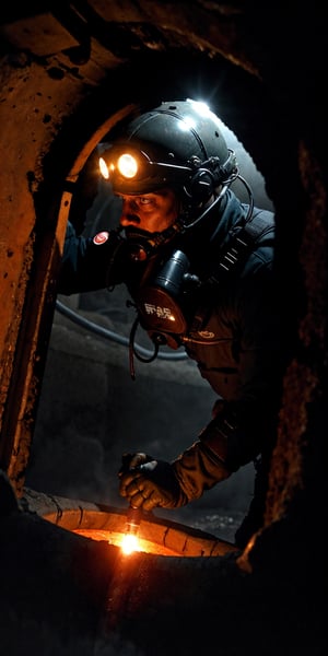 A County worker at Los Angeles Sewer line, using a Self Contained breathing apparatus, harnessed, hard hard, googles, gloves,  radio to communicate, flashlights, descending trough a steer manhole into a giant vault, humid, water vapor, mold, dim lights, rats, cockroaches, feces