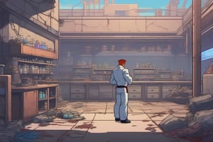 Devastated laboratory, fighting characters, 2D game background,  street fighter, insane details,  intricate details,  hyperdetailed,  hdr,  faded,  pixel art,  background,  landscape,  standing zone for walking near the camera,background