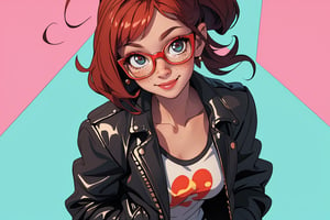 (best quality, masterpiece), 1girl, leather jacket,  makeup, hand in pocket, looking at viewer, seductive smile, freckles, street, , teacher wearing glasses, none background, 