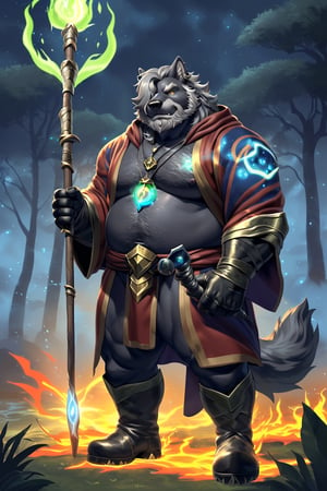 anthro, male, wolf, canine, canid, dad bod, solo, (black fur:1.5),(left ear ring:1.3),(gray hair over eye, gray beard:1.5),(yellow eyes),mature male, facial hair, male, chubby, (mature male, manly), thick eyebrowns, standing, (Battlemage's elemental robes, Charged staff of elements, Tome of battle spells, Battlemage's enchanted gloves, Battlemage's boots, Elemental essence amulet:1.5), (Twisted trees, fog hovering above the marsh, croaking frogs, fireflies in the evening), (by adios, by null-ghost), (hi res, best quality, high quality, detailed, shaded, outline, cel shading, shading, masterpiece:1.2)