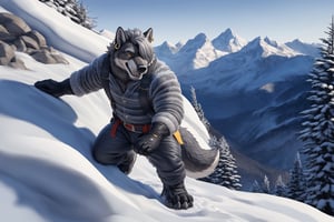 anthro, male, wolf, canine, canid, dad bod, solo, (black fur:1.5),(left ear ring:1.3),(gray hair over eye, gray beard:1.5),(yellow eyes),mature male, facial hair, (winter clothes, gloves:1.5), mountain background, happy, climbing, dynamic pose, (full body:1.3),(fluffy wolf tail), (realistic fur, fur, realistic fur texture), (photorealistic, hyper realistic, ultra detailed, ultra detailed background, octane render, soft lighting, ultra detailed), (by adios)