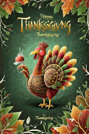 ("THANKSGIVING" text logo: 1.3), red, green, black background, (simple background: 1.5), metal, intricate pattern, a badass Christmas turkey and the text: ("thanksgiving").